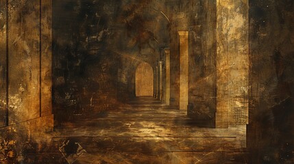 A digital artwork depicting an ancient, enigmatic library with secrets of the universe hidden in plain sight. The abstract backgrounds feature Brown Sugar and Beige patterns - obrazy, fototapety, plakaty