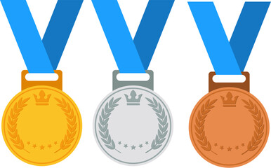 vector set of gold, silver and bronze medals with blue ribbons