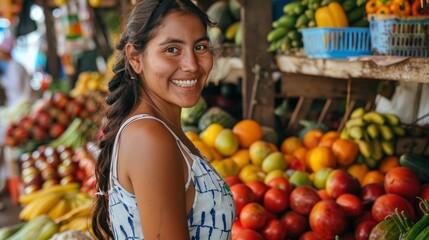 young woman shopping at a fruit and vegetable market generative ai