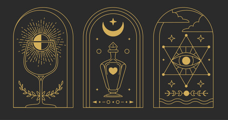 Naklejka premium Set of Modern magic witchcraft cards with wine glass, all seeing eye and bottle. Line art occult vector illustration