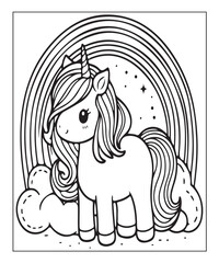 Fototapeta premium Cute unicorn with rainbow. black and white vector illustration for coloring book, Generative AI