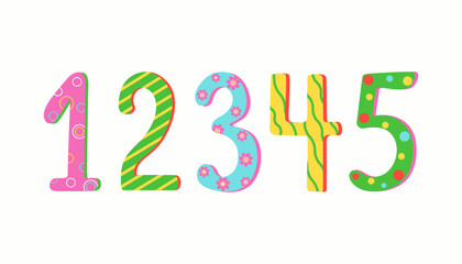 Set of numbers with multi-colored ornaments. Design for children's parties, birthdays. Number series from 1 to 5. Calendar date. Vector illustration.