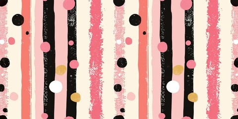 A fun and chic wallpaper with alternating stripes in shades of pink interspersed with polka dots in coordinated colors.