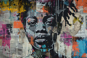 Urban Street Art: Graffiti Collage of African Woman - Generative AI.