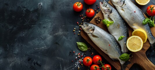 Fresh fish with lemon, vegetables, spices. On a black wooden background. place for text. View from above. generative ai