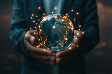 Global Business Network: Businessman Holding Earth Globe Hologram - Generative AI.