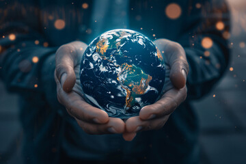 Fototapeta premium Global Business Network: Businessman Holding Earth Globe Hologram - Generative AI.