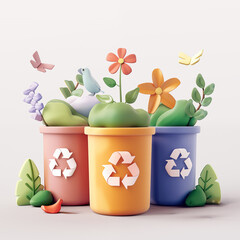 Three garbage bins with recycling signs, surrounded with plants, birds and flowers, isolated 3d object on white background. - 784718243