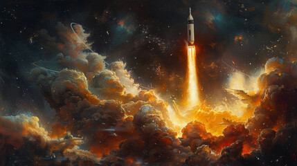 Rocket Launching Into the Sky - obrazy, fototapety, plakaty