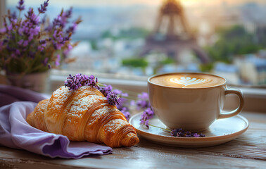 A cup of aromatic coffee with a croissant and lavender flowers against the backdrop of the Eiffel Tower - obrazy, fototapety, plakaty