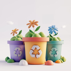 Three garbage bins with recycling signs, surrounded with plants, birds and flowers, isolated 3d object on white background. - 784718425