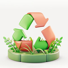 Green recycling symbol made from three arrows places on a green lawn, isolated 3d object on white background - 784718447