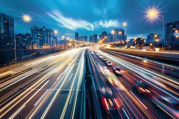 Dynamic Urban Rush: Nighttime Traffic Blur - Generative AI.
