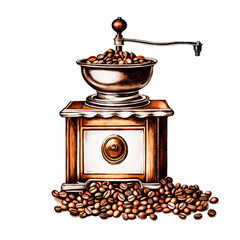 Vintage coffee grinder on a white background with a place for text in the style of an artistic drawing.