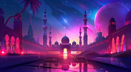 Ramadan Karim Islamic greeting card, background vector illustration, Mosques of Islam