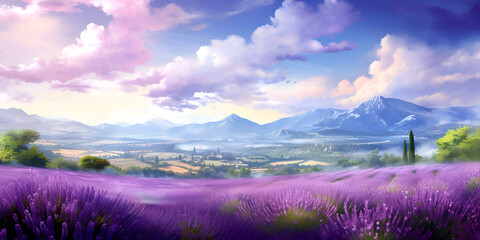 Ethereal Symphony, A Captivating Canvas of Lavender Fields and Majestic Mountains on sky and heavy clouds background