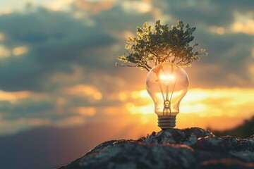 Sustainable Energy Concept: Tree Growing in Light Bulb. A tree sprouting inside a light bulb against a sunset. - obrazy, fototapety, plakaty