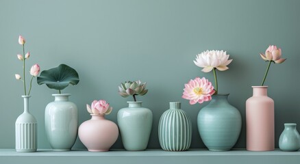 Three Vases With Flowers on Shelf - obrazy, fototapety, plakaty