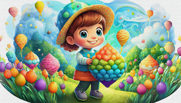  oil painting style CARTOON CHARACTER CUTE baby boy holding colorful pinata at a festival. isolated