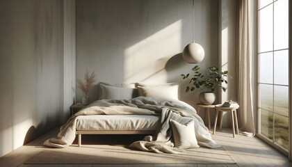 a bed sitting in a bedroom next to a window
