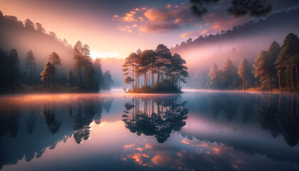 a painting of a lake with trees in the background