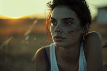 Portrait of a thoughtful woman during golden hour in a desert landscape, evoking a sense of contemplation and freedom.

