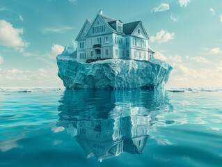 La maison part à la dérive ! Maison sur un iceberg, concept de réchauffement climatique et de fonte de la banquise des pôles - obrazy, fototapety, plakaty