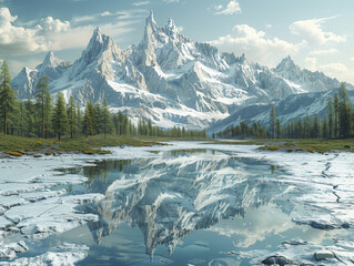 Paysage montagnard : fonte des glaciers qui se reflètent dans un lac de montagne