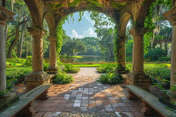 A serene park landscape with a perfect blend of natural foliage and architectural features