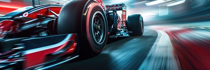 Formula 1 car racing on the circuit track while driving at high speed and accelerating at full...