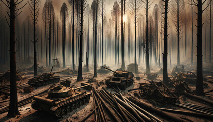 a painting of a forest filled with tanks