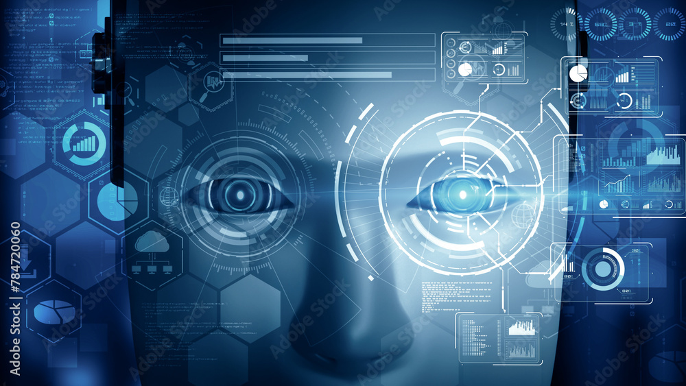 Poster xai 3d illustration robot hominoid face close up with graphic concept of big data analytic by ai thi