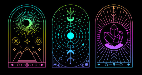 Set of Modern magic fluorescent witchcraft cards with sun and moon. Line art occult vector illustration
