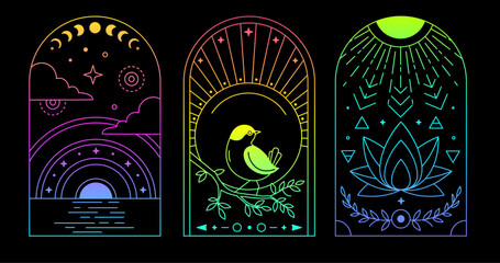 Set of Modern magic fluorescent witchcraft cards with bird, sun, moon and lotus. Line art occult vector illustration