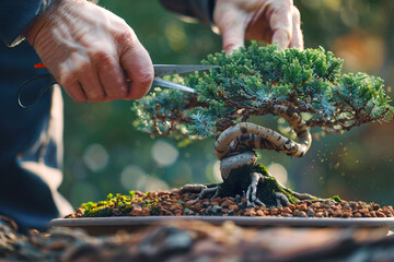 The hands of a man who forms the crown of a juniper bonsai tree he has grown. For plant care instructions at a plant store or garden center. Business selling plants.