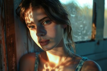 Serene portrait of a young woman bathed in soft sunlight, looking thoughtfully through a window.

