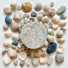 stone pedestal. Seashells. Sea. Shellfish. Holiday concept. For an advertising card. .White background.