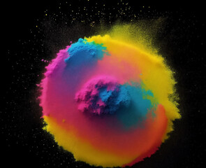 A round of  multi-coloured powder paint . Closeup of colorful dust particles splattered isolated on black background.