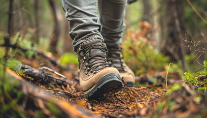 Journey to the Summit. Close-up shot of leather hiking boots trekking in a rocky trail in forest, showcasing the rugged terrain and the perseverance and determination of the hiker. 