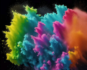 an explosion of multi-coloured powder paint . Closeup of colorful dust particles splattered isolated on black background.