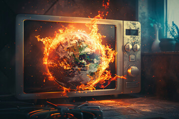 Global Warming Crisis: Earth Burning in Microwave Oven - Generative AI. - obrazy, fototapety, plakaty