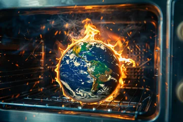 Fotobehang Global Warming Crisis: Earth Burning in Microwave Oven - Generative AI. © Cevko