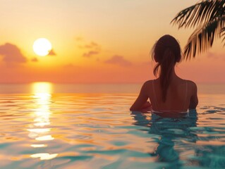 Woman relaxing by the pool at a luxury beach resort hotel at sunset.