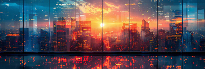 Urban Sunset: A Geometric Illustration of Skyscrapers - obrazy, fototapety, plakaty