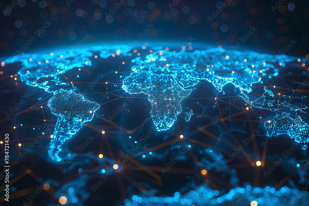 Poster global connectivity: a glowing network of telecom towers and technological interconnections