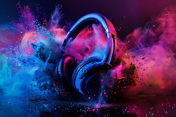 Explosive Stereo Headphones: Vibrant Splash of Festive Music - Generative AI. - obrazy, fototapety, plakaty