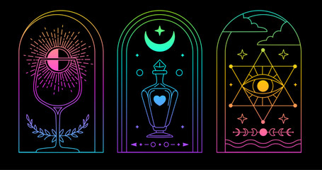 Set of Modern magic fluorescent witchcraft cards with wine glass, all seeing eye and bottle. Line art occult vector illustration