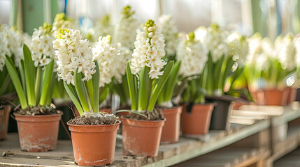 Blooming white hyacinths in a pot for sale at the bazaar