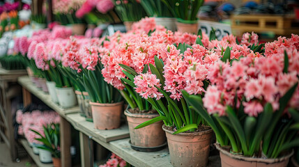 Fototapeta na wymiar Blooming pink hyacinths in a pot for sale at the bazaar