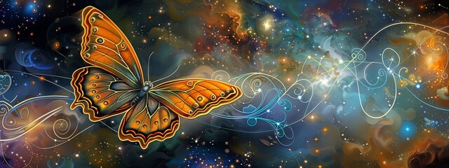 Enigmatic Universe Golden Butterfly Among Sparkling Stars